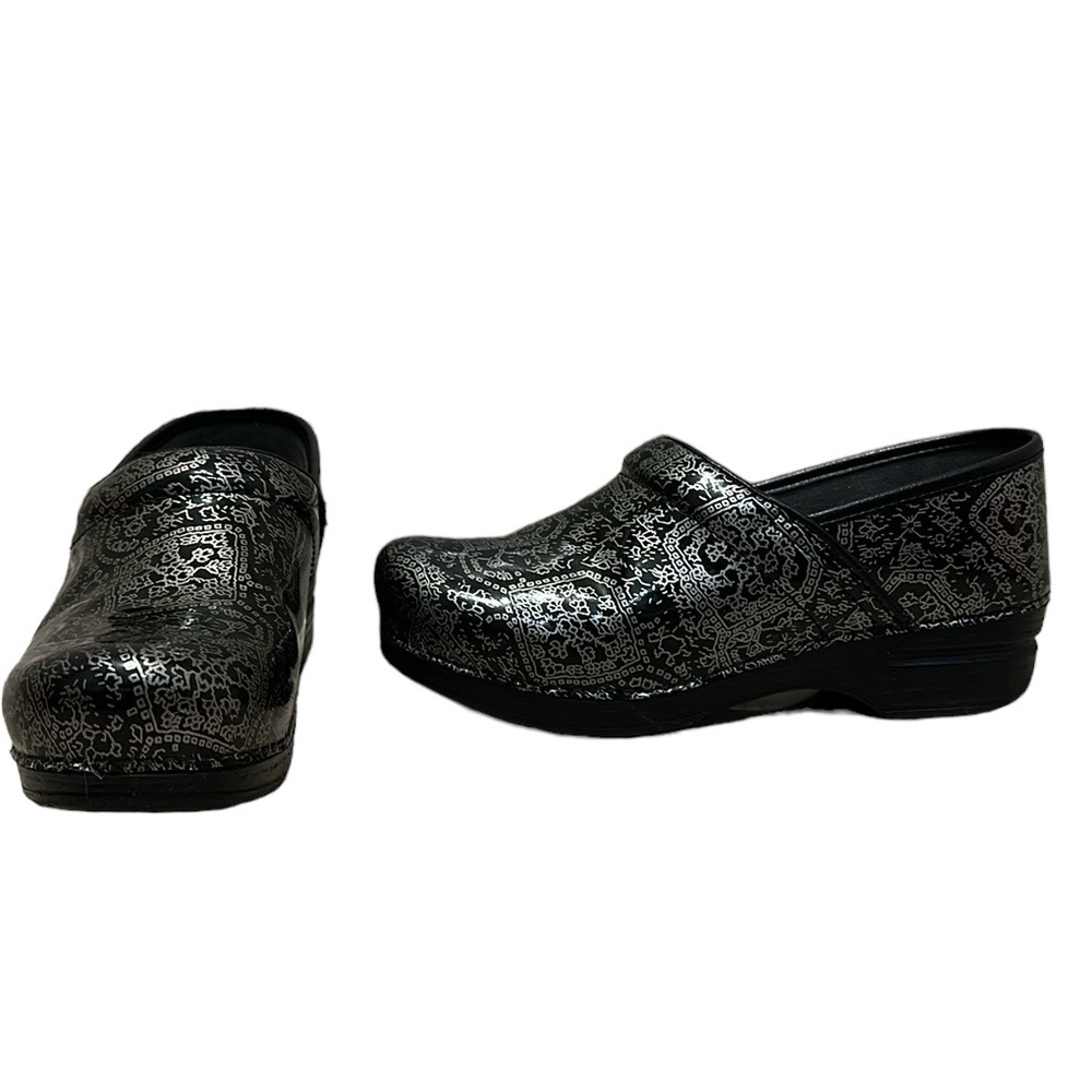 Dansko Black and Silver Patterned Clogs